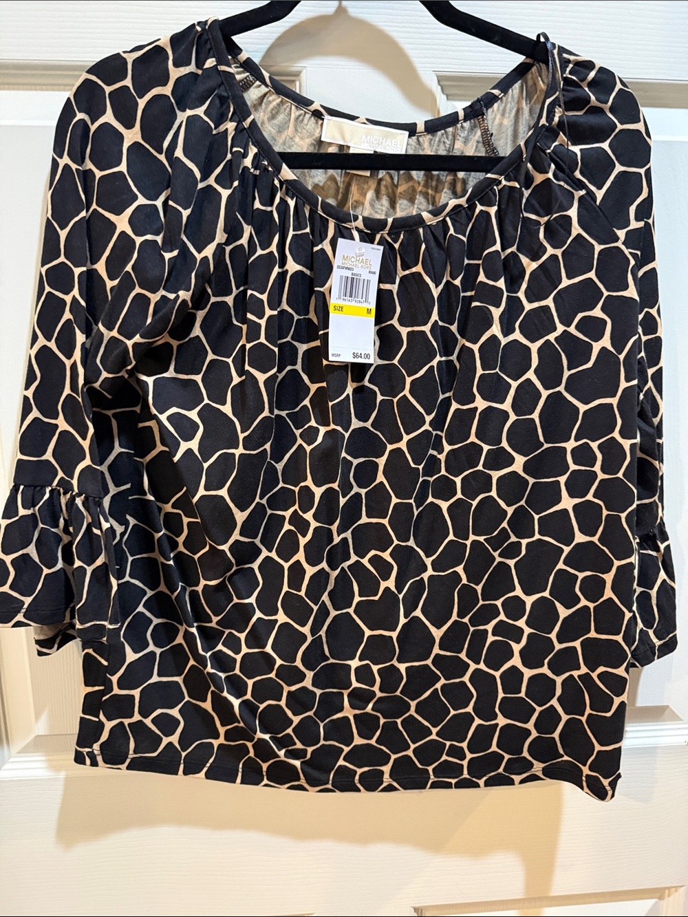 MICHAEL Michael Kors Black and Cream Giraffe-Print Scoop Neck Blouse